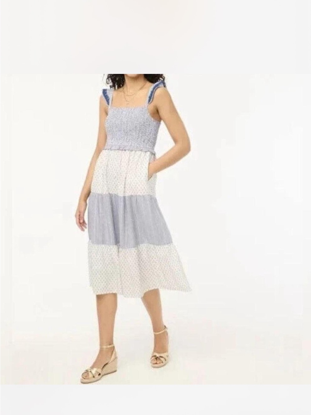 J.Crew Smocked Tiered Miditt Dress in Light Blue and White
